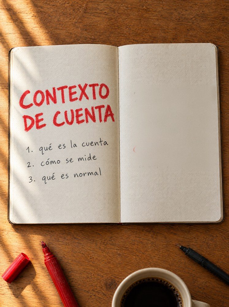 Libreta abierta con «Contexto de cuenta» escrito a rotulador rojo